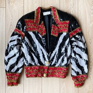 RARE ⭑* Caché ⭑* SILK sequin zebra crop bomber jacket 😱